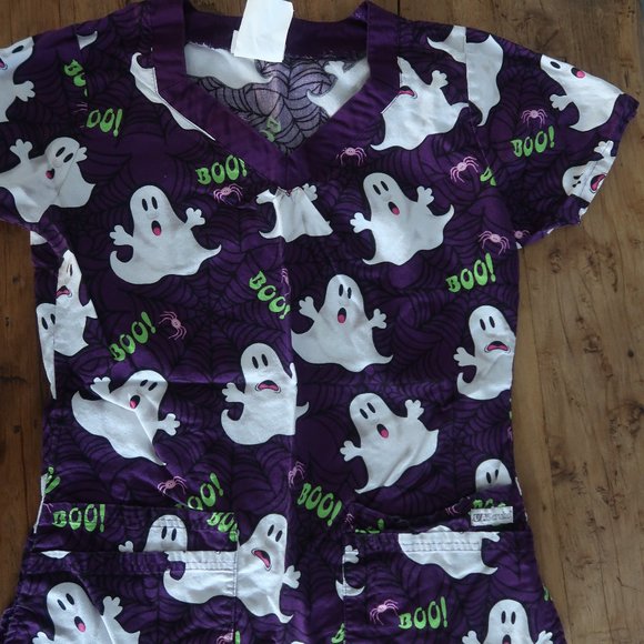 Uniform Advantage Tops - UA Purple Ghost BOO! Halloween Scrub Top